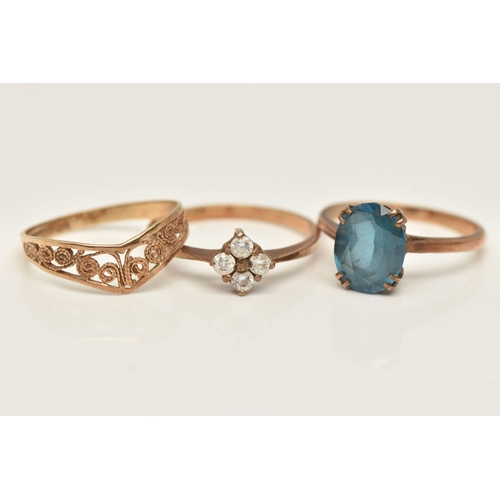 415 - THREE 9CT GOLD RINGS, the first set with a blue topaz, hallmarked 9ct Birmingham, ring size M, the s... 