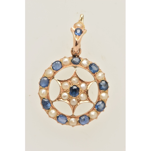 422 - A YELLOW METAL SAPPHIRE AND PEARL PENDANT, of an open work circular form, set with oval and circular... 