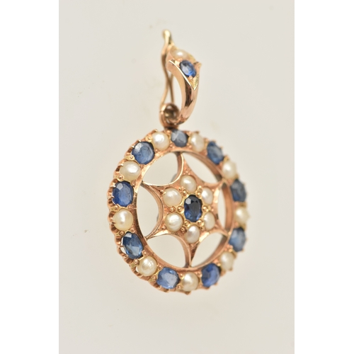 422 - A YELLOW METAL SAPPHIRE AND PEARL PENDANT, of an open work circular form, set with oval and circular... 