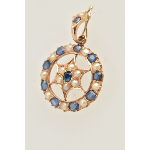 422 - A YELLOW METAL SAPPHIRE AND PEARL PENDANT, of an open work circular form, set with oval and circular... 