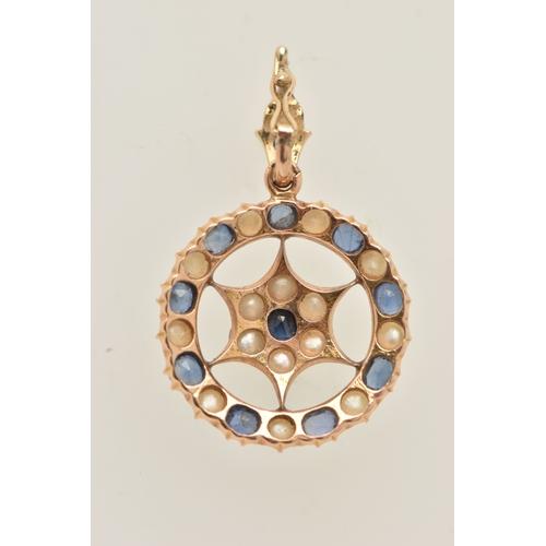 422 - A YELLOW METAL SAPPHIRE AND PEARL PENDANT, of an open work circular form, set with oval and circular... 