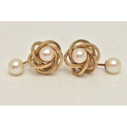 431 - TWO PAIRS OF EARRINGS, the first a pair of knot studs each set with a single cultured pearl, with po... 