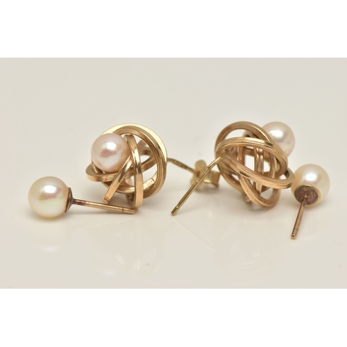 431 - TWO PAIRS OF EARRINGS, the first a pair of knot studs each set with a single cultured pearl, with po... 