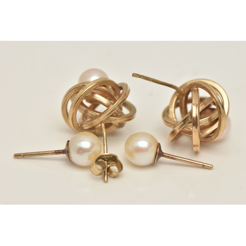 431 - TWO PAIRS OF EARRINGS, the first a pair of knot studs each set with a single cultured pearl, with po... 