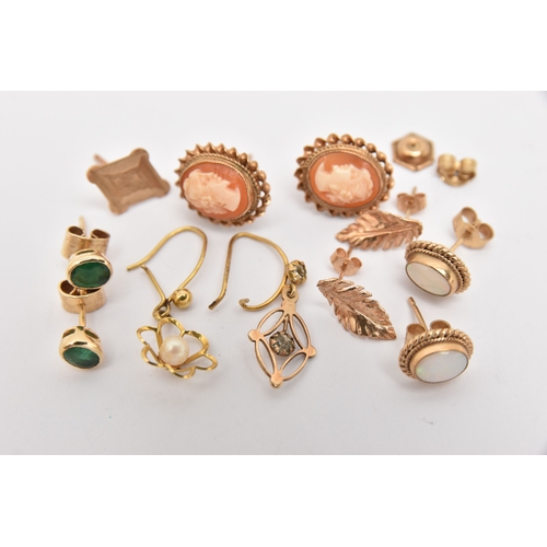 432 - AN ASSORTMENT OF EARRINGS, to include a pair of yellow metal oval cut emerald stud earrings, unmarke... 