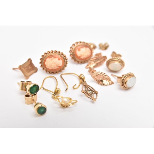 432 - AN ASSORTMENT OF EARRINGS, to include a pair of yellow metal oval cut emerald stud earrings, unmarke... 