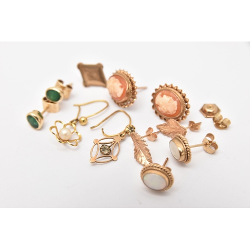 432 - AN ASSORTMENT OF EARRINGS, to include a pair of yellow metal oval cut emerald stud earrings, unmarke... 