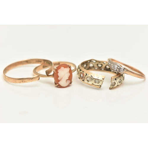 434 - FOUR RINGS, to include a boxed AF yellow metal illusion set diamond ring, stamped 9ct Plat, misshape... 