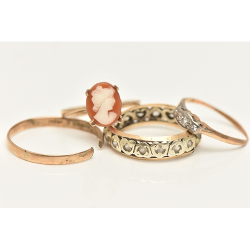 434 - FOUR RINGS, to include a boxed AF yellow metal illusion set diamond ring, stamped 9ct Plat, misshape... 