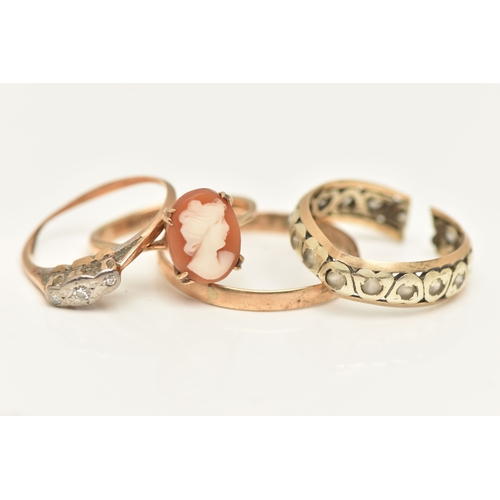 434 - FOUR RINGS, to include a boxed AF yellow metal illusion set diamond ring, stamped 9ct Plat, misshape... 