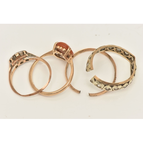 434 - FOUR RINGS, to include a boxed AF yellow metal illusion set diamond ring, stamped 9ct Plat, misshape... 