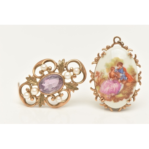 435 - A 9CT GOLD BROOCH AND A 9CT GOLD 'LIMOGES' PENDANT, the open work scrolling brooch with cultured see... 