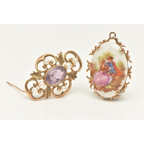 435 - A 9CT GOLD BROOCH AND A 9CT GOLD 'LIMOGES' PENDANT, the open work scrolling brooch with cultured see... 