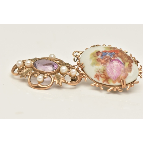 435 - A 9CT GOLD BROOCH AND A 9CT GOLD 'LIMOGES' PENDANT, the open work scrolling brooch with cultured see... 
