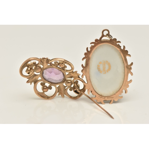 435 - A 9CT GOLD BROOCH AND A 9CT GOLD 'LIMOGES' PENDANT, the open work scrolling brooch with cultured see... 