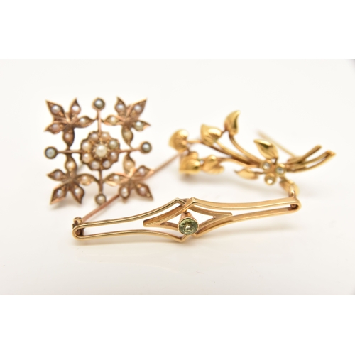 436 - THREE LATE 19TH TO EARLY 20TH CENTURY BROOCHES, the first a yellow metal split pearl set foliate bro... 
