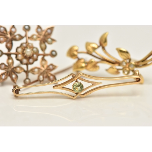 436 - THREE LATE 19TH TO EARLY 20TH CENTURY BROOCHES, the first a yellow metal split pearl set foliate bro... 
