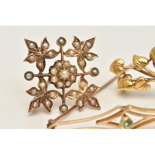 436 - THREE LATE 19TH TO EARLY 20TH CENTURY BROOCHES, the first a yellow metal split pearl set foliate bro... 
