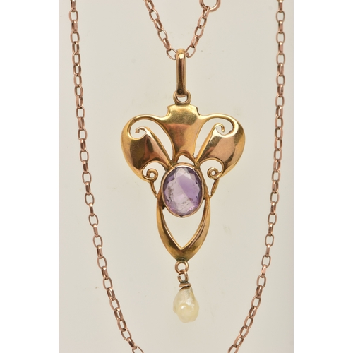437 - AN EARLY 20TH CENTURY 9CT GOLD GEM SET LAVALIER PENDANT NECKLACE, open work scroll design set with a... 
