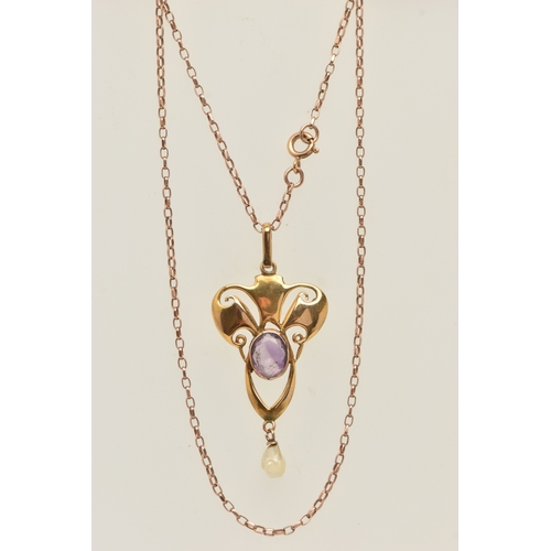 437 - AN EARLY 20TH CENTURY 9CT GOLD GEM SET LAVALIER PENDANT NECKLACE, open work scroll design set with a... 
