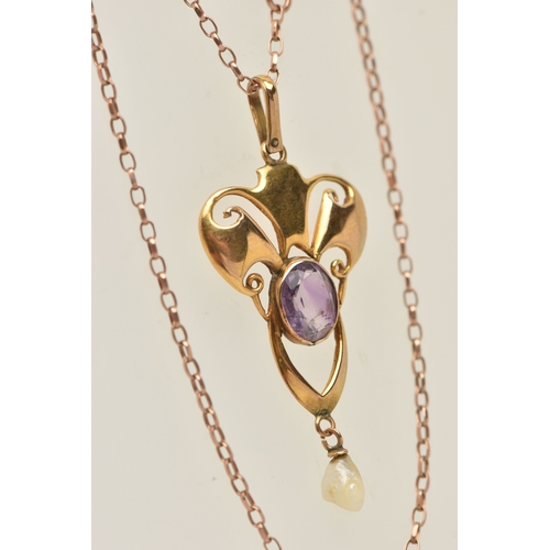 437 - AN EARLY 20TH CENTURY 9CT GOLD GEM SET LAVALIER PENDANT NECKLACE, open work scroll design set with a... 