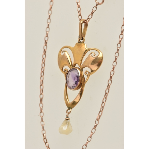 437 - AN EARLY 20TH CENTURY 9CT GOLD GEM SET LAVALIER PENDANT NECKLACE, open work scroll design set with a... 