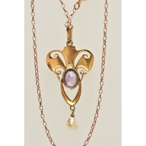 437 - AN EARLY 20TH CENTURY 9CT GOLD GEM SET LAVALIER PENDANT NECKLACE, open work scroll design set with a... 