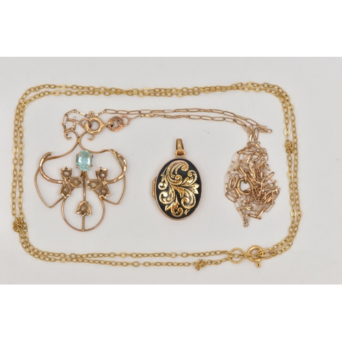 439 - TWO PENDANTS AND TWO FINE CHAINS, the first an oval enamel locket fitted with a tapered bail, hallma... 