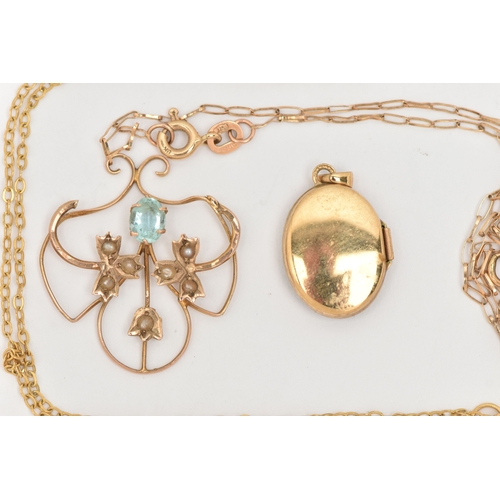439 - TWO PENDANTS AND TWO FINE CHAINS, the first an oval enamel locket fitted with a tapered bail, hallma... 