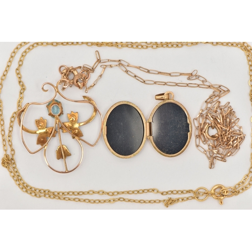 439 - TWO PENDANTS AND TWO FINE CHAINS, the first an oval enamel locket fitted with a tapered bail, hallma... 