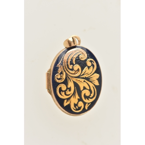 439 - TWO PENDANTS AND TWO FINE CHAINS, the first an oval enamel locket fitted with a tapered bail, hallma... 