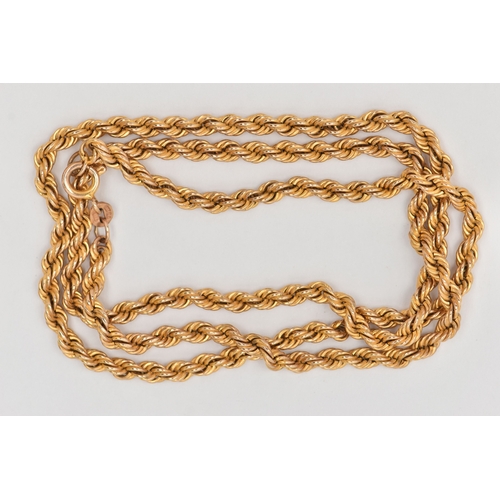 442 - A 9CT GOLD CHAIN NECKLACE, a yellow gold rope chain, fitted with a spring clasp, approximate length ... 