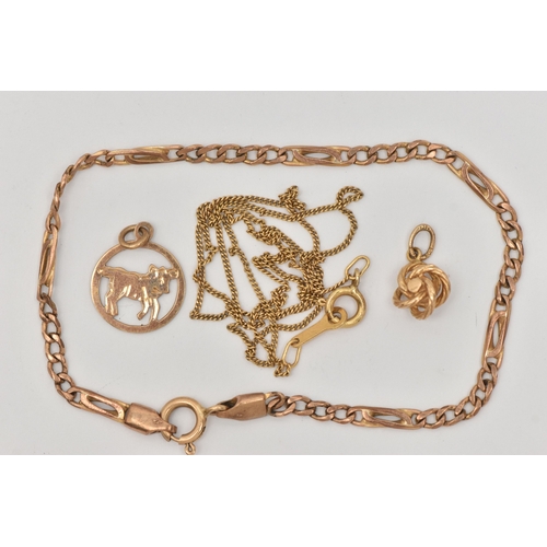 445 - A SMALL ASSORTMENT OF JEWELLERY, to include a small 9ct gold charm, a small diamond set pendant, bot... 