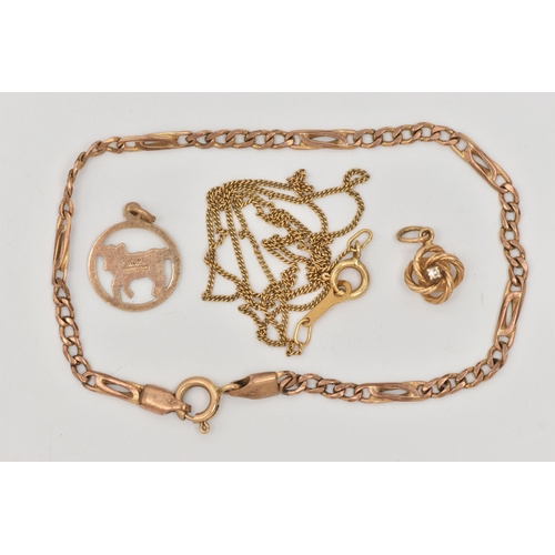 445 - A SMALL ASSORTMENT OF JEWELLERY, to include a small 9ct gold charm, a small diamond set pendant, bot... 