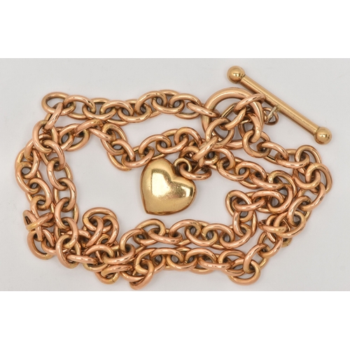 446 - A 9CT GOLD BELCHER CHAIN WITH HEART TOGGLE CLASP, hollow belcher chain with a puffy heart charm fitt... 
