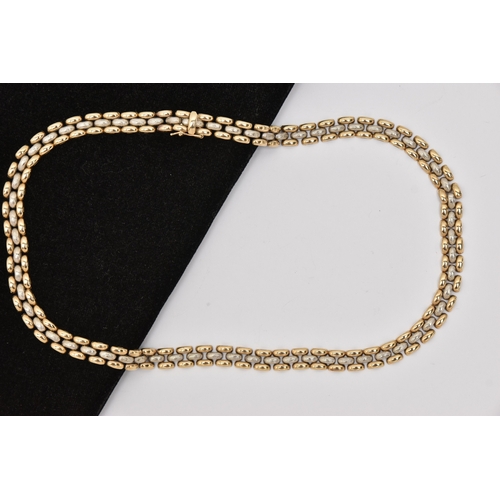 447 - A 9CT GOLD BI COLOUR NECKLACE, a yellow and white gold brick link necklace, fitted with an integrate... 