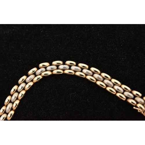 447 - A 9CT GOLD BI COLOUR NECKLACE, a yellow and white gold brick link necklace, fitted with an integrate... 
