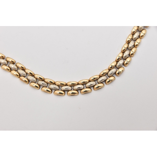 447 - A 9CT GOLD BI COLOUR NECKLACE, a yellow and white gold brick link necklace, fitted with an integrate... 