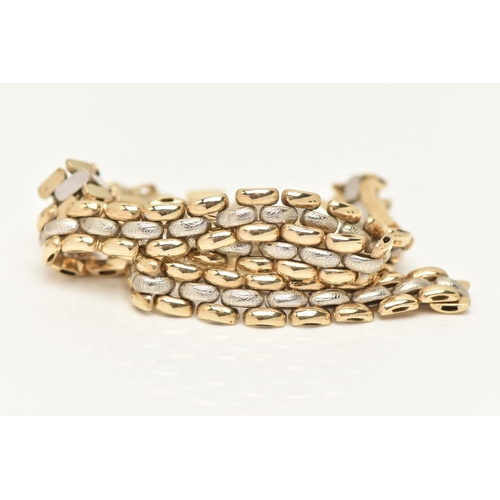 447 - A 9CT GOLD BI COLOUR NECKLACE, a yellow and white gold brick link necklace, fitted with an integrate... 