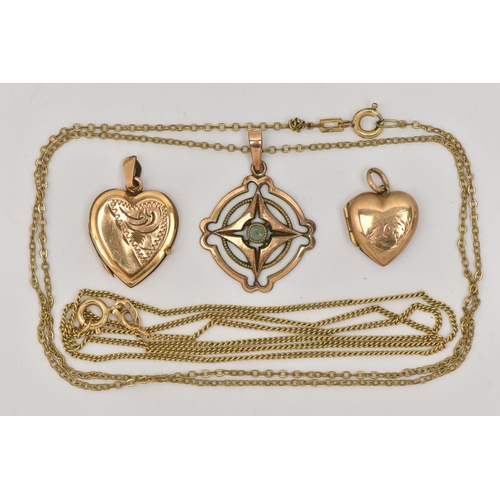 448 - THREE PENDANTS AND TWO CHAINS, to include two heart shape lockets one stamped 9ct Back and Front the... 