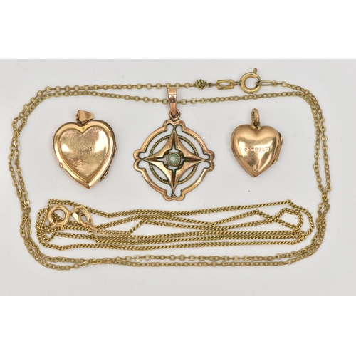 448 - THREE PENDANTS AND TWO CHAINS, to include two heart shape lockets one stamped 9ct Back and Front the... 