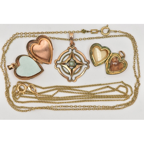 448 - THREE PENDANTS AND TWO CHAINS, to include two heart shape lockets one stamped 9ct Back and Front the... 