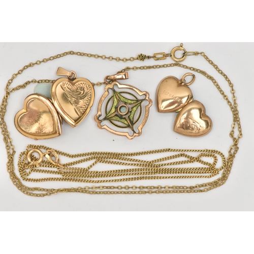 448 - THREE PENDANTS AND TWO CHAINS, to include two heart shape lockets one stamped 9ct Back and Front the... 
