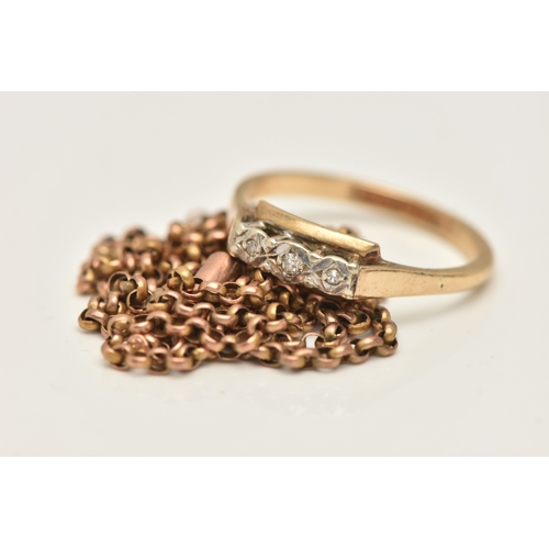 450 - A 9CT GOLD ILLUSION SET DIAMOND RING AND A FINE BELCHER CHAIN, the ring illusion set with three smal... 