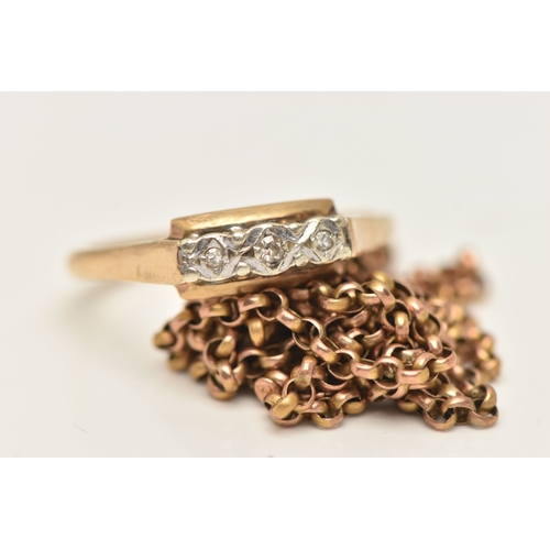 450 - A 9CT GOLD ILLUSION SET DIAMOND RING AND A FINE BELCHER CHAIN, the ring illusion set with three smal... 