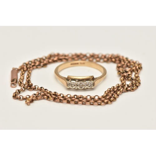 450 - A 9CT GOLD ILLUSION SET DIAMOND RING AND A FINE BELCHER CHAIN, the ring illusion set with three smal... 