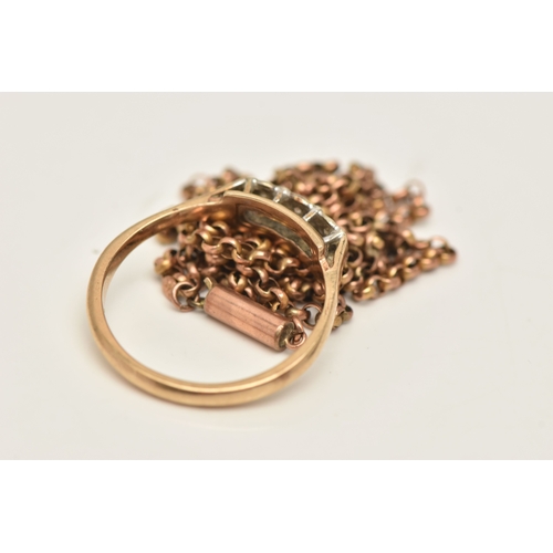450 - A 9CT GOLD ILLUSION SET DIAMOND RING AND A FINE BELCHER CHAIN, the ring illusion set with three smal... 