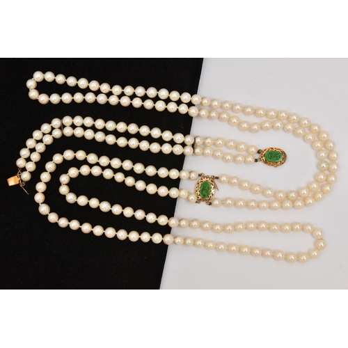 451 - A CULTURED PEARL NECKLACE AND BRACELET, designed as a cultured pearl double strand necklace, approxi... 