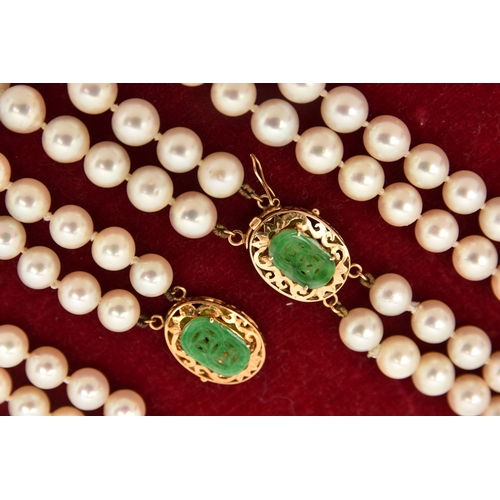 451 - A CULTURED PEARL NECKLACE AND BRACELET, designed as a cultured pearl double strand necklace, approxi... 