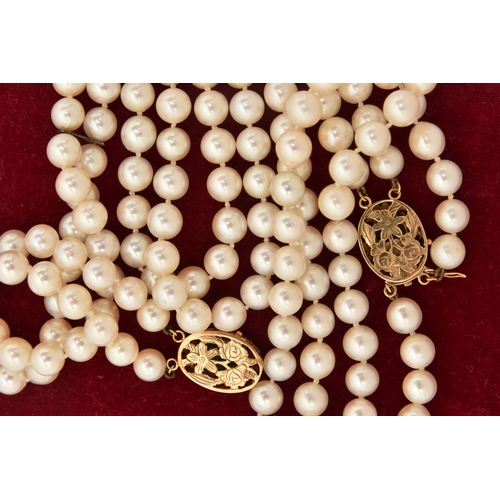 451 - A CULTURED PEARL NECKLACE AND BRACELET, designed as a cultured pearl double strand necklace, approxi... 